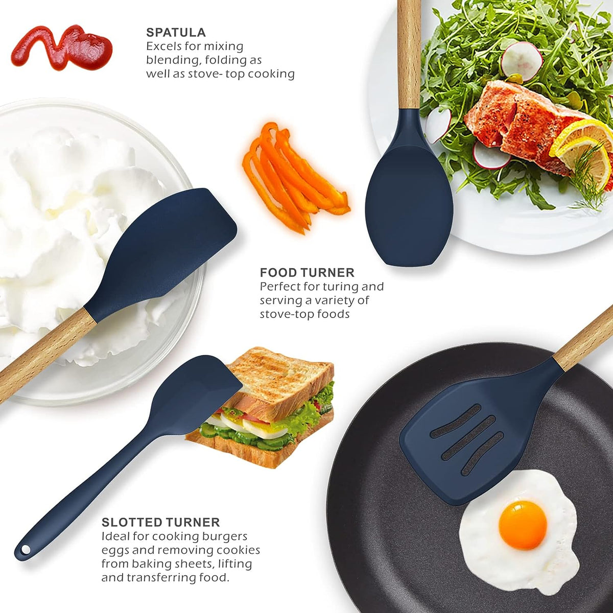 12 Pcs Silicone Cooking Utensils Kitchen Utensil Set | Heat Resistant Kitchen Non toxic Spatula Set with Turner Tongs,Spoon,Brush,Whisk-Wooden Handle - Random Color