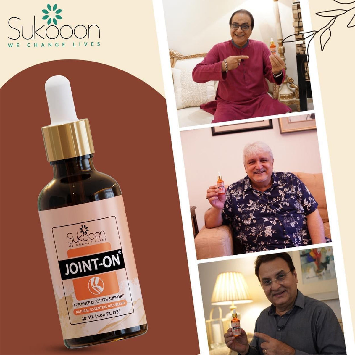 Sukoon Joint On Essential Oil Blend for pain in joints, back pain, arthritis pain, knee pain, tennis elbow, strains and sprains (30ml)