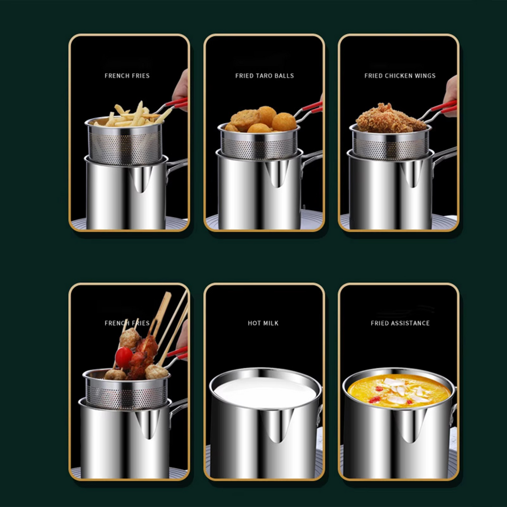 Stainless Steel Deep Fryer Pot with Strainer – Heavy-Duty Frying Pan for Home Kitchen Use – 1200ML Oil Capacity